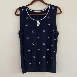 NWT Talbots Navy Tank Top with White Tennis Racket Embroidery Size Large